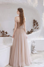 A Line Strapless Off The Shoulder Lace Up Beading Tulle Long Prom Dresses