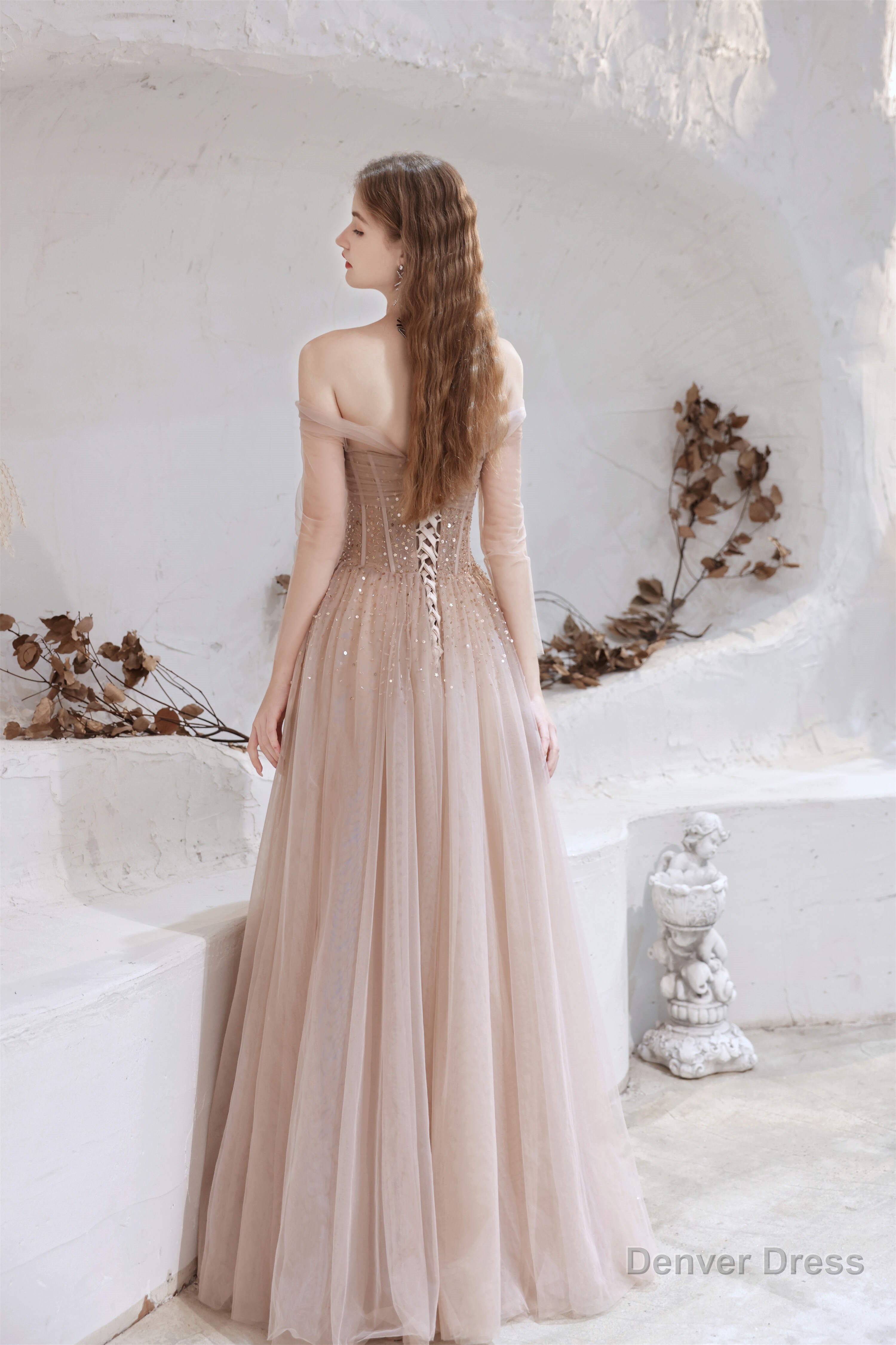 A Line Strapless Off The Shoulder Lace Up Beading Tulle Long Prom Dresses