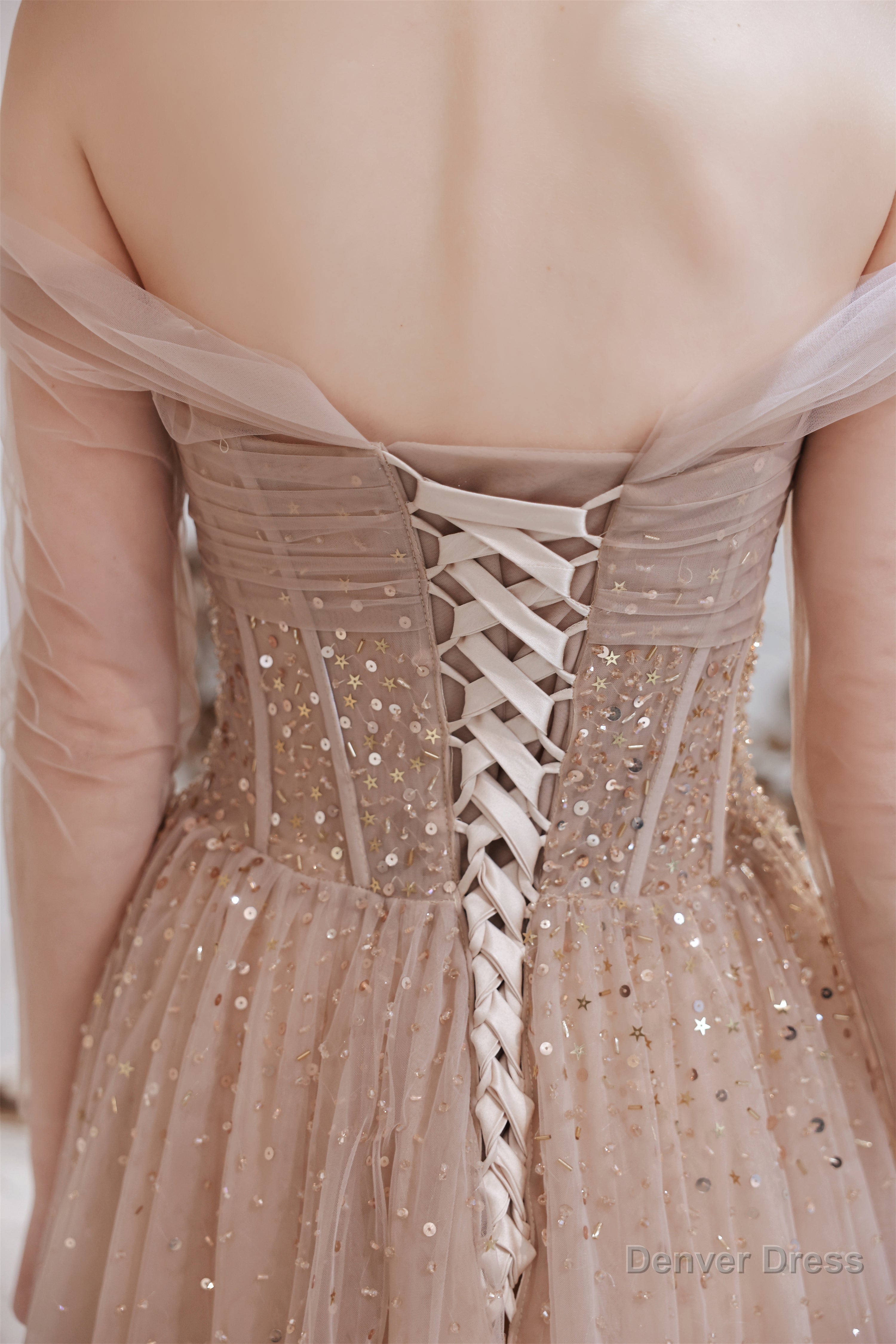 A Line Strapless Off The Shoulder Lace Up Beading Tulle Long Prom Dresses