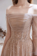 A Line Strapless Off The Shoulder Lace Up Beading Tulle Long Prom Dresses