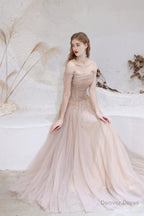 A Line Strapless Off The Shoulder Lace Up Beading Tulle Long Prom Dresses