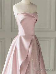 A Line Strapless Pink Party Dress Long Satin Prom Dress