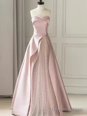 A Line Strapless Pink Party Dress Long Satin Prom Dress