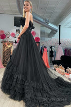 A Line Strapless Pink Tiered Long Tulle Prom Dresses