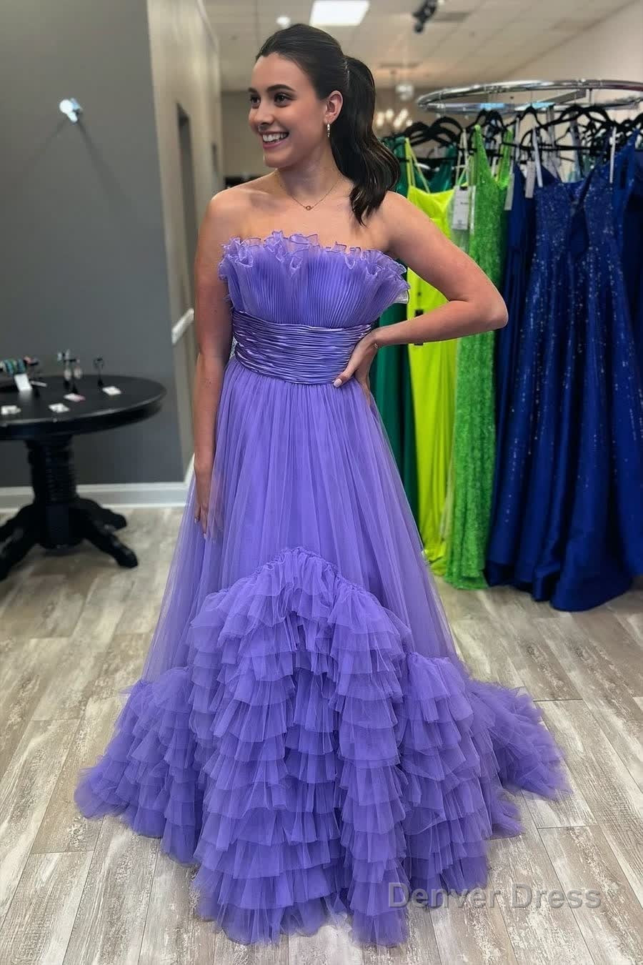 A Line Strapless Pink Tiered Long Tulle Prom Dresses
