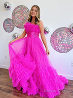A Line Strapless Pink Tiered Long Tulle Prom Dresses