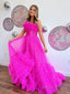 A Line Strapless Pink Tiered Long Tulle Prom Dresses