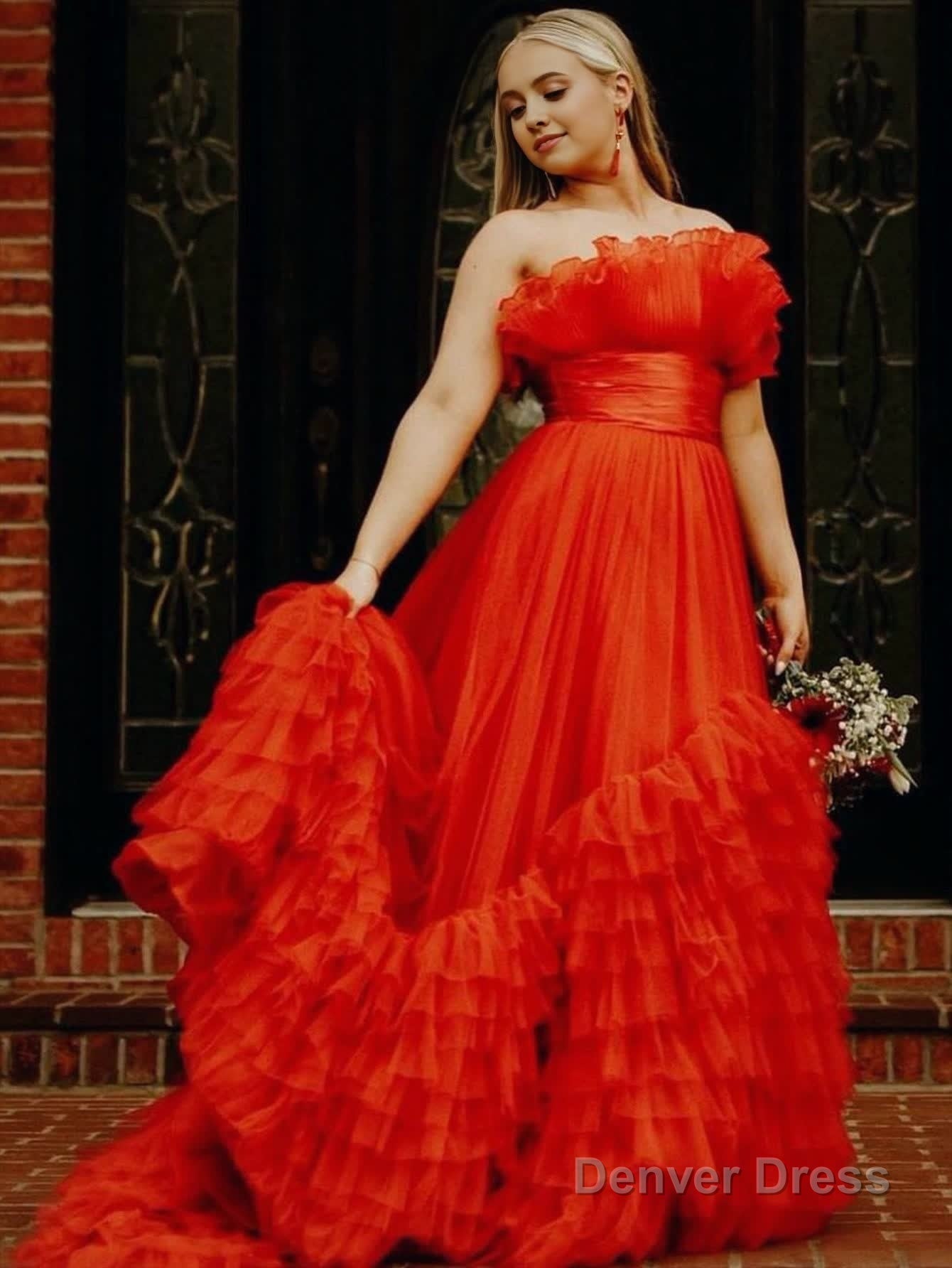 A Line Strapless Pink Tiered Long Tulle Prom Dresses