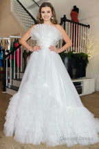 A Line Strapless Pink Tiered Long Tulle Prom Dresses