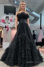 A-Line Strapless Pink Tiered Long Tulle Prom Dress
