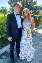 A-Line Strapless Print Sleeveless Tiered Long Prom Dresses