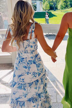 A-Line Strapless Print Sleeveless Tiered Long Prom Dresses