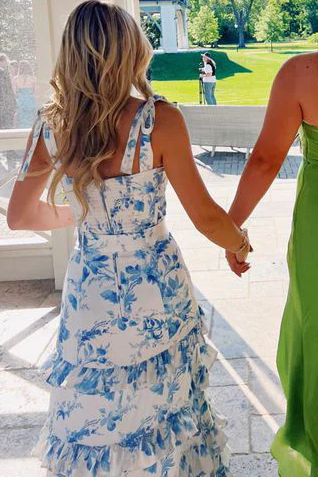 A-Line Strapless Print Sleeveless Tiered Long Prom Dresses