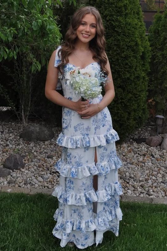 A-Line Strapless Print Sleeveless Tiered Long Prom Dresses