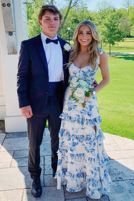 A-Line Strapless Print Sleeveless Tiered Long Prom Dresses