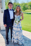 A-Line Strapless Print Sleeveless Tiered Long Prom Dresses