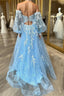 A-line Strapless Puff Long Sleeves Beaded Appliques Long Formal Prom Dresses
