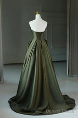 A-Line Strapless Satin Long Prom Dress, Dark Green Evening Party Dress