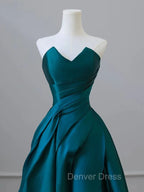 A Line Strapless Satin Peacock Blue Long Prom Dress, Simple Peacock Blue Prom Dresses