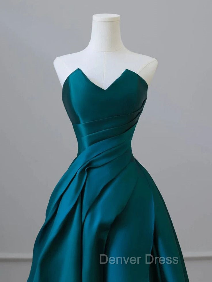 A Line Strapless Satin Peacock Blue Long Prom Dress, Simple Peacock Blue Prom Dresses