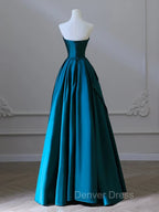 A Line Strapless Satin Peacock Blue Long Prom Dress, Simple Peacock Blue Prom Dresses