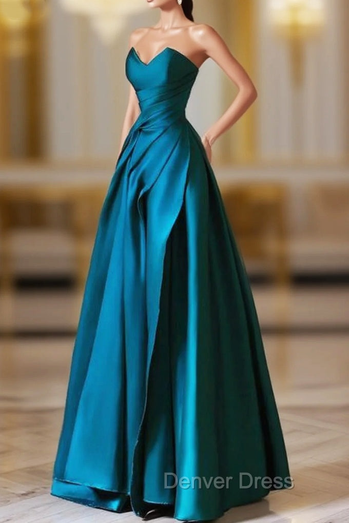 A-Line Strapless Satin Peacock Blue Long Prom Dresses, Simple Peacock Blue Evening Dresses Main image