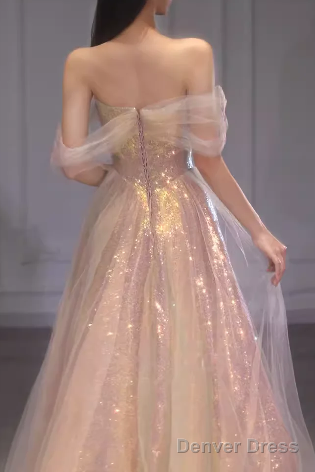 A Line Strapless Sequin Pink Prom Dresses Long Evening Dress