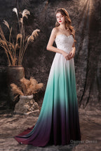 A Line Strapless Sleeveless Appliques Ombre Silk Like Satin Sweep Train Prom Dresses