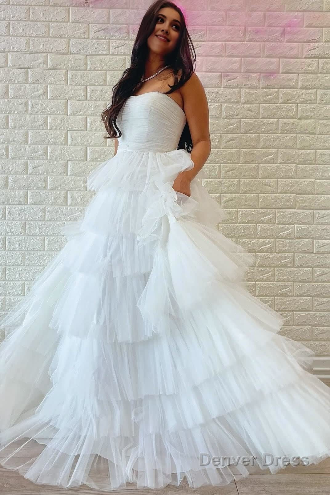 A Line Strapless Tiered Tulle Prom Dresses with Ruffles