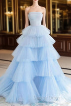 A line Strapless Tiered Tulle Prom Dresses