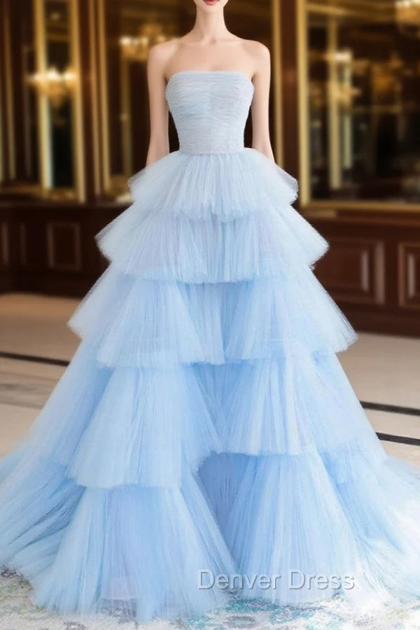 A line Strapless Tiered Tulle Prom Dresses