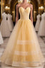 A Line Strapless Tulle Long Prom Dresses with Multi Flares Boning