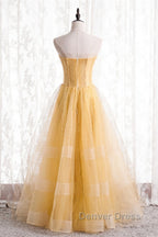A Line Strapless Tulle Long Prom Dresses with Multi Flares Boning