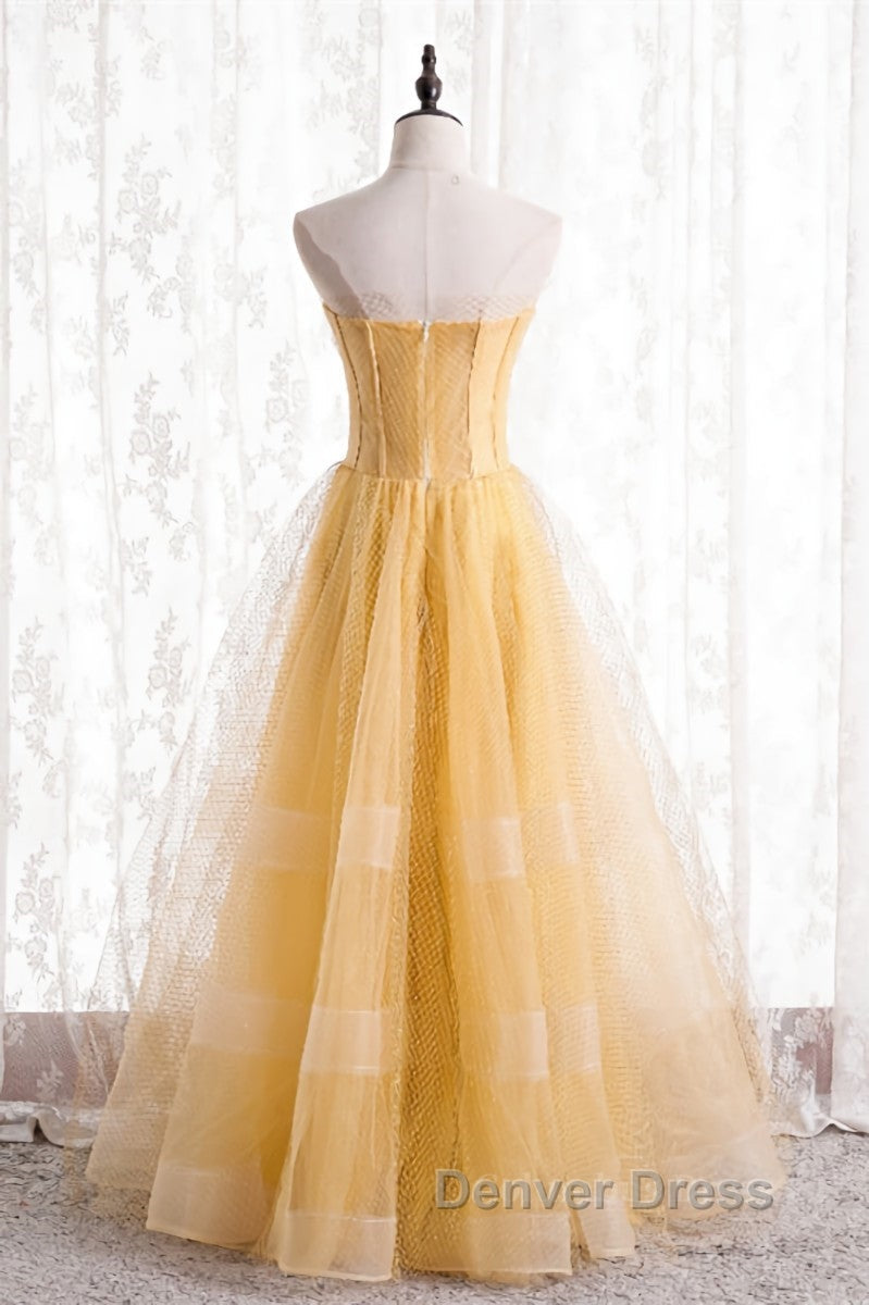 A Line Strapless Tulle Long Prom Dresses with Multi Flares Boning