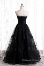A Line Strapless Tulle Long Prom Dresses with Multi Flares Boning