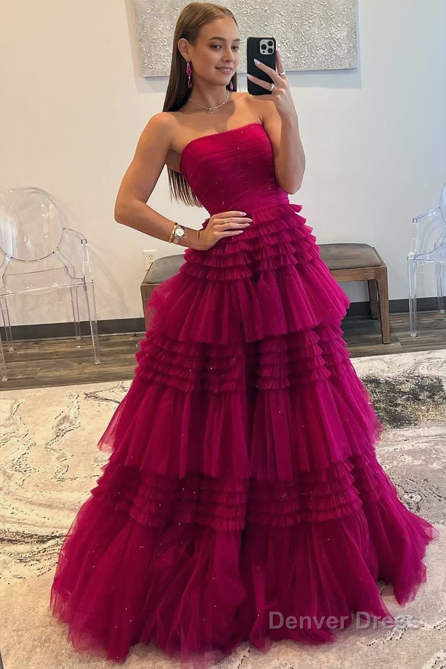 A Line Strapless Tulle Long Prom Dresses with Tiered Ruffles Main image