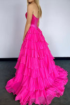 A-Line Strapless V-Neck Tiered Empire-Waist Long Prom Dresses