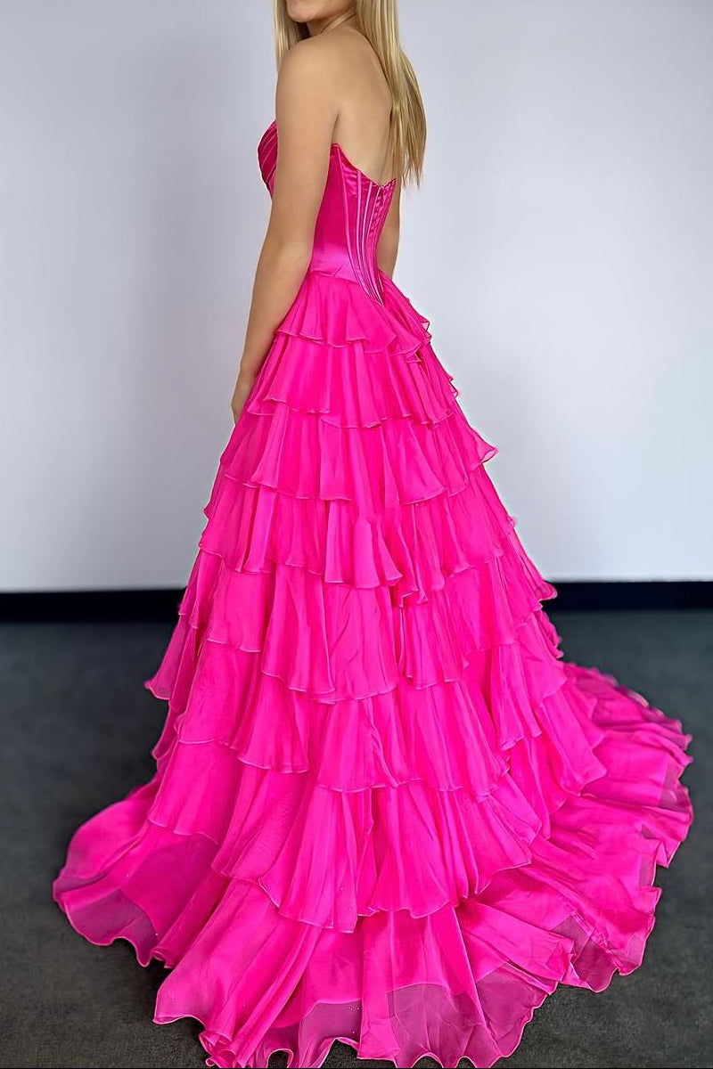 A-Line Strapless V-Neck Tiered Empire-Waist Long Prom Dresses