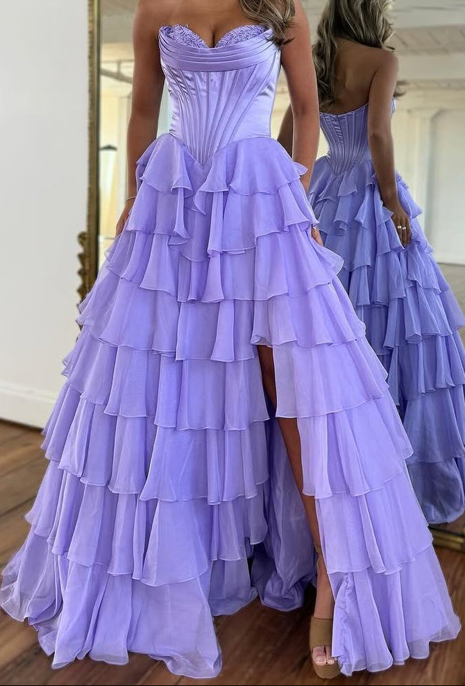 A-Line Strapless V-Neck Tiered Empire-Waist Long Prom Dresses
