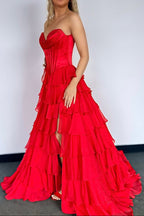 A-Line Strapless V-Neck Tiered Empire-Waist Long Prom Dresses