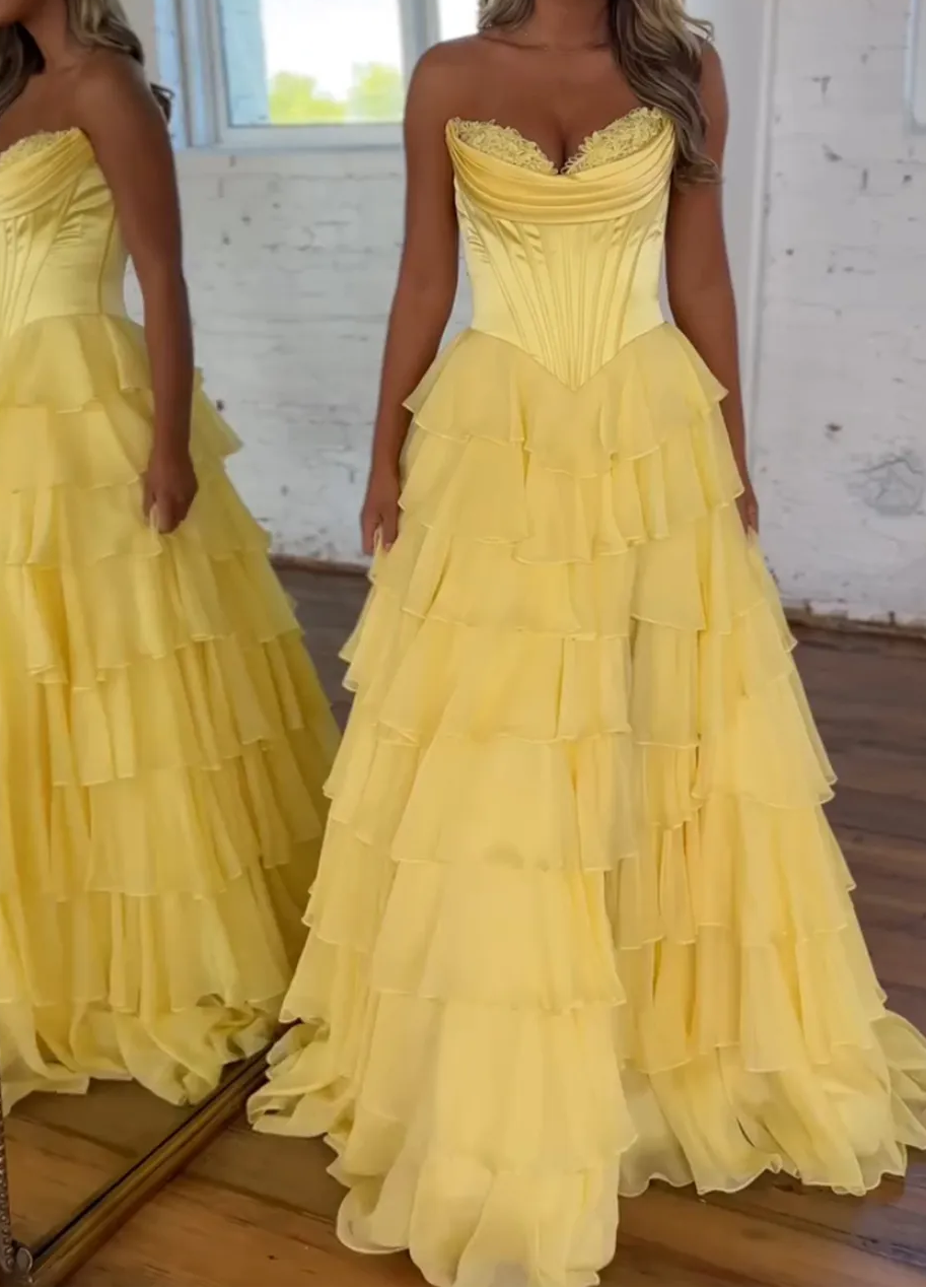 A-Line Strapless V-Neck Tiered Empire-Waist Long Prom Dresses Secondary image