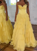 A-Line Strapless V-Neck Tiered Empire-Waist Long Prom Dresses