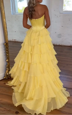 A-Line Strapless V-Neck Tiered Empire-Waist Long Prom Dresses
