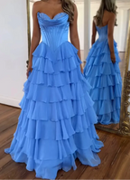 A-Line Strapless V-Neck Tiered Empire-Waist Long Prom Dresses