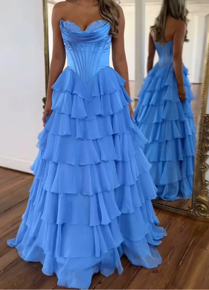 A-Line Strapless V-Neck Tiered Empire-Waist Long Prom Dresses