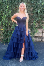 A-Line Strapless V-Neck Tiered Empire-Waist Long Prom Dresses