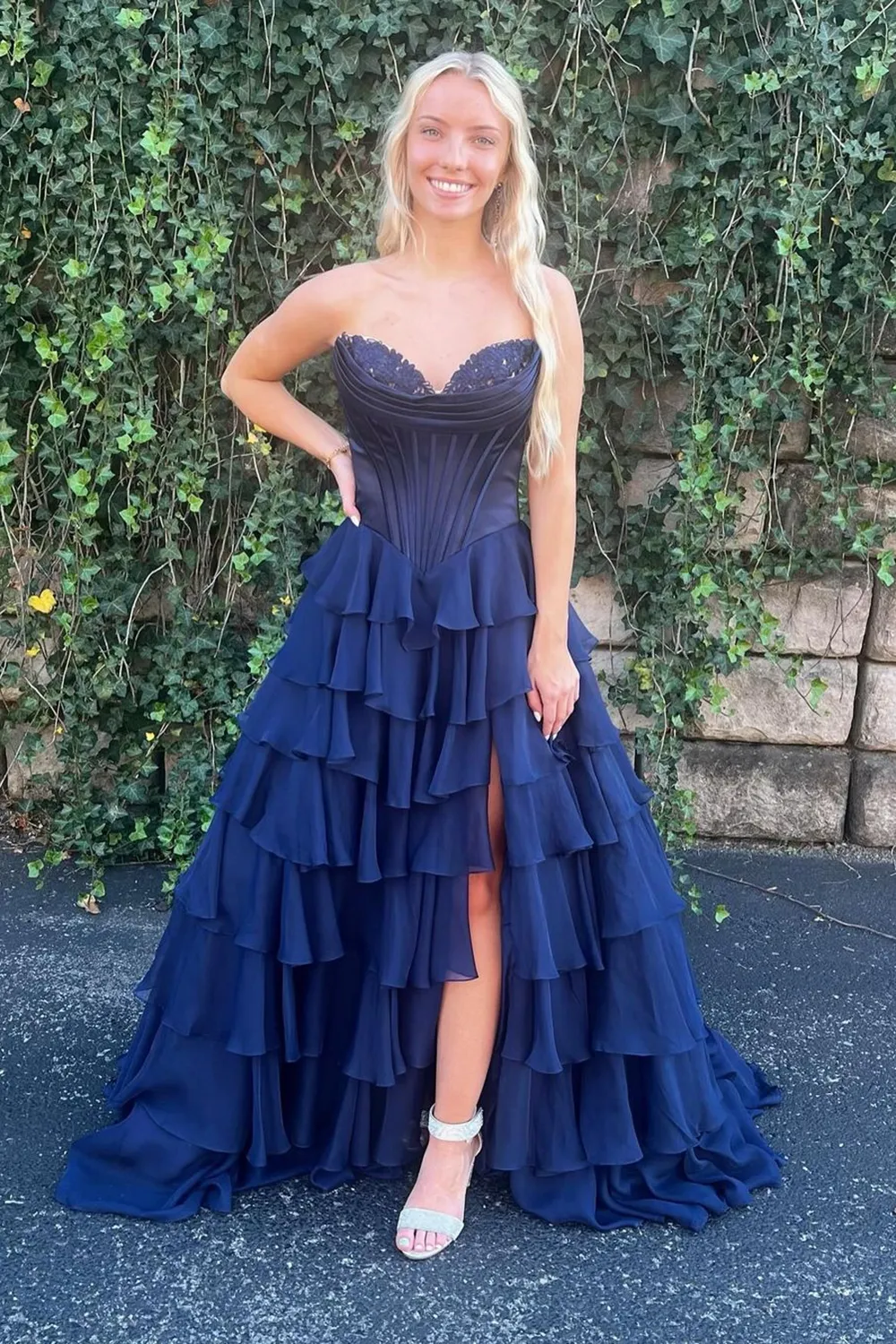 A-Line Strapless V-Neck Tiered Empire-Waist Long Prom Dresses