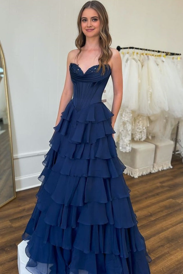 A-Line Strapless V-Neck Tiered Empire-Waist Long Prom Dresses