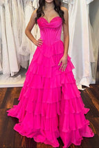 A-Line Strapless V-Neck Tiered Empire-Waist Long Prom Dresses