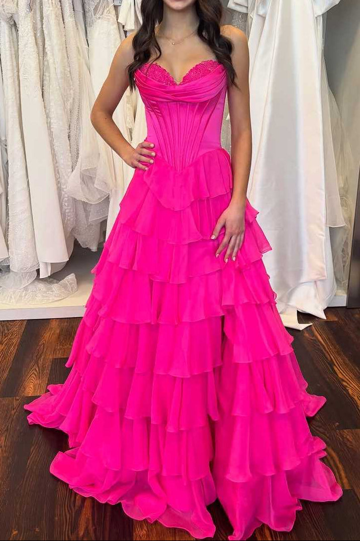 A-Line Strapless V-Neck Tiered Empire-Waist Long Prom Dresses